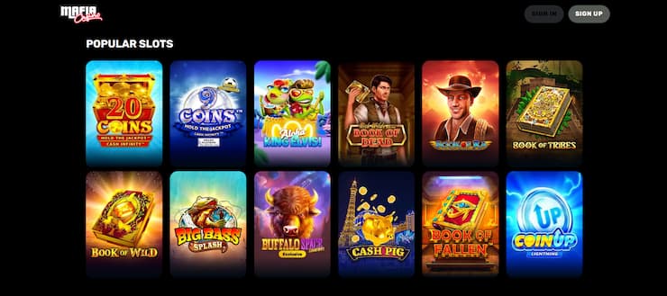 Game lobby of Mafia Casinos showing some of its most popular slots.