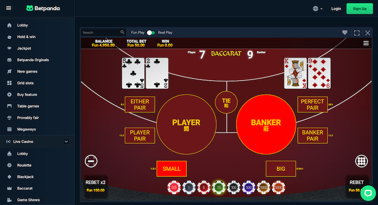 A screenshot of BetPanda’s free online baccarat table showing the Player and Banker betting layout with side bet options.
