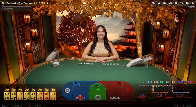 A live dealer hosting a free online baccarat game on a premium Asian-themed table.