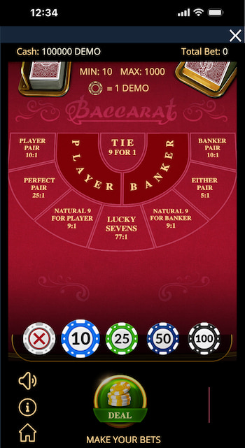 Mobile baccarat gameplay featuring side bets and chip values for free online play.