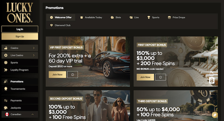 A preview of LuckyOnes’ promotions page displaying welcome bonuses and VIP offers for online casino players.