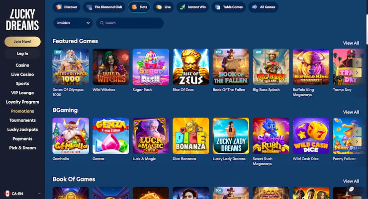 A look at the LuckyDreams interface highlighting trending online casino games.