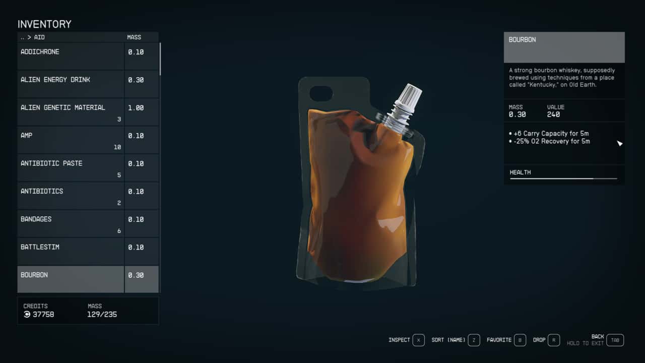 Starfield - how to increase carry weight: Bourbon in Aid portion of inventory.