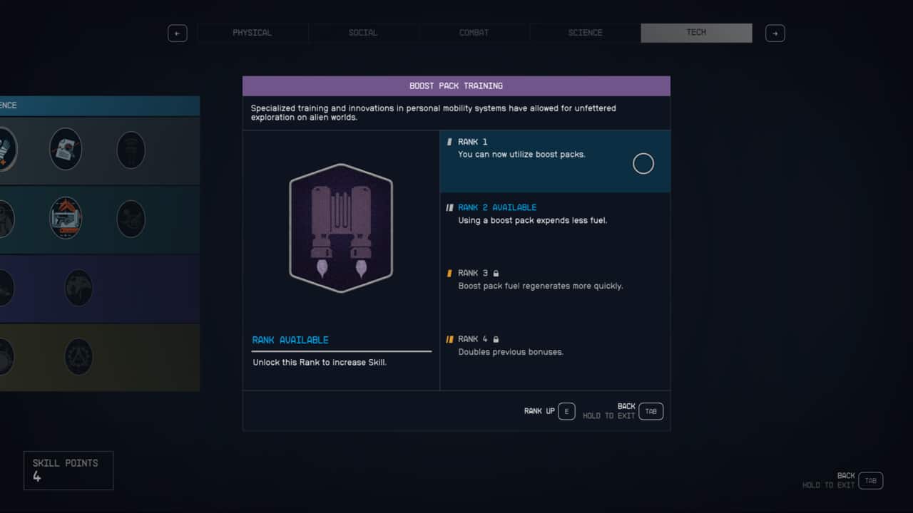 Starfield how to use a boost pack: Boost Pack Training ranks in skill menu.