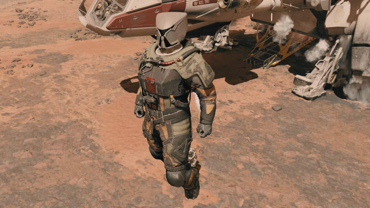 Starfield how to use a boost pack: character using boost pack in front of ship.