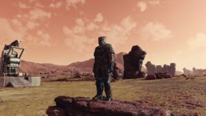 Starfield how to cure afflictions: character on rocky, desolate planet.