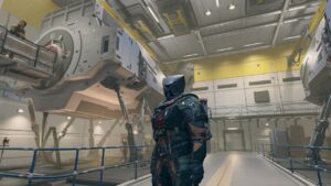 How level up Starfield Piloting skill fast: character in front of sim.