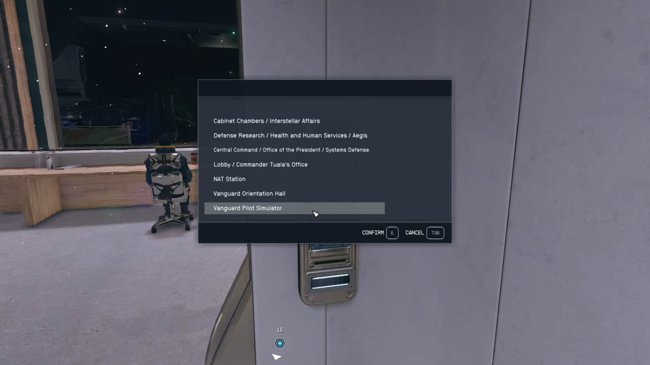 How level up Starfield Piloting skill fast: elevator options in Mast building in New Atlantis.