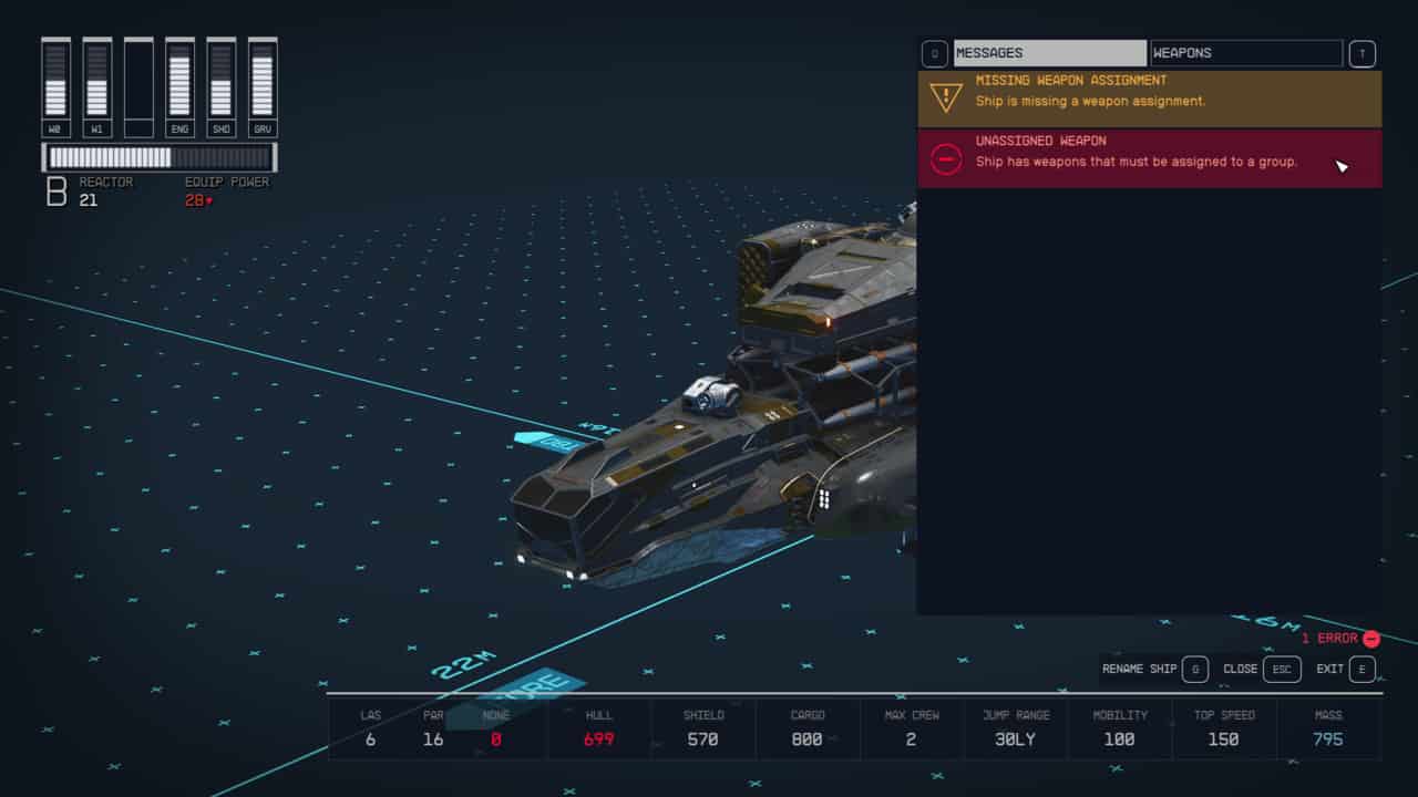 How to assign weapon groups in Starfield: unassigned weapon error in Ship Builder Flight Check.