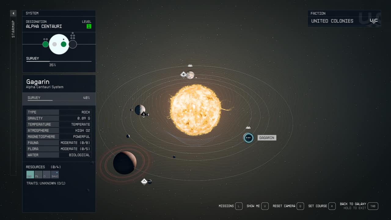 Starfield Gagarin planet: Gagarin on star map.