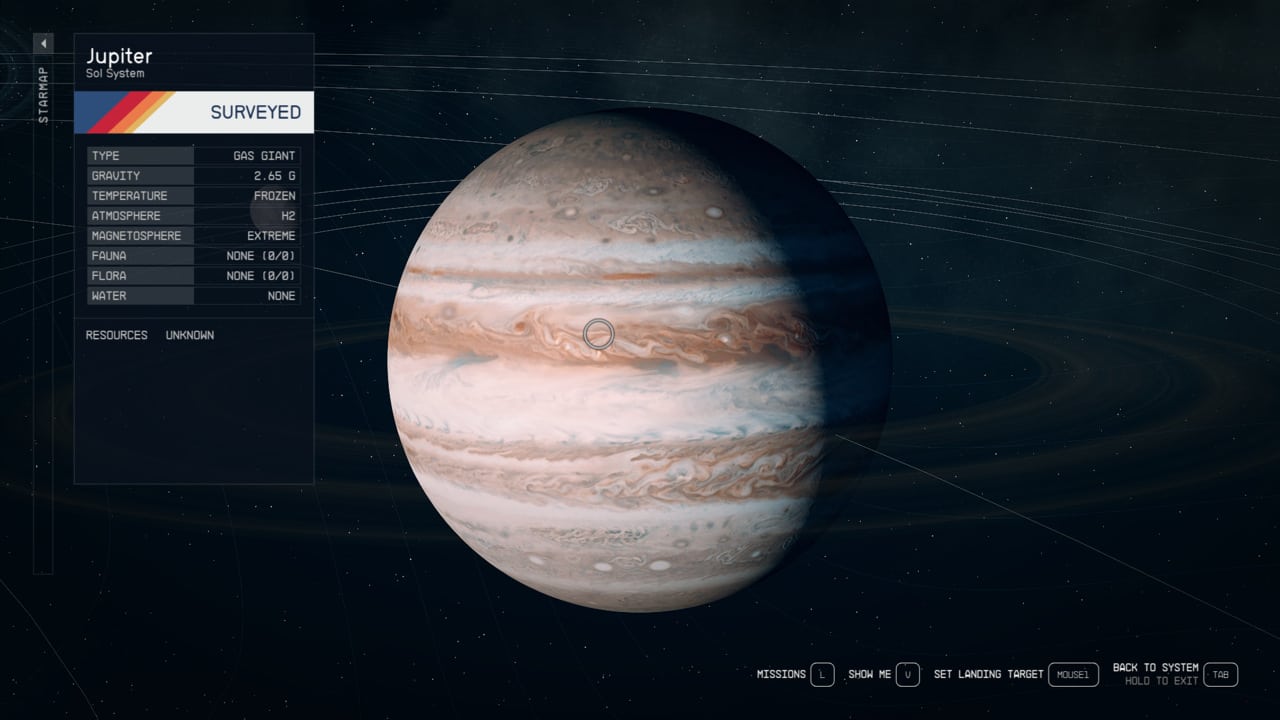 Starfield Sol system: Jupiter on the star map.