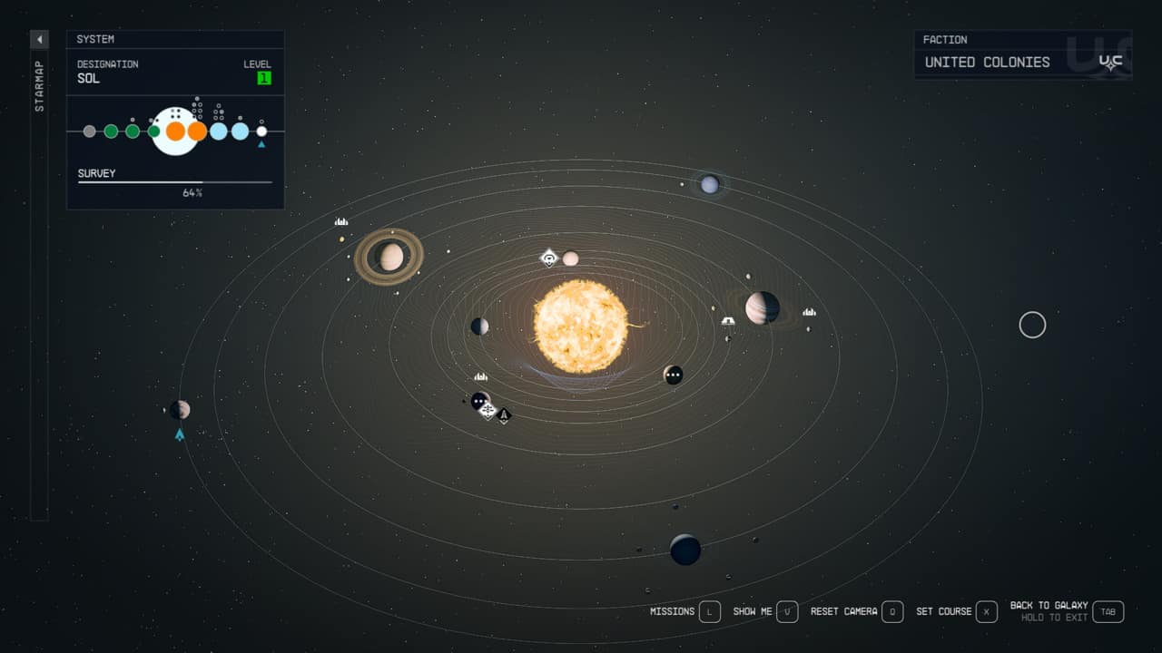 Starfield Sol system: Sol system on star map.
