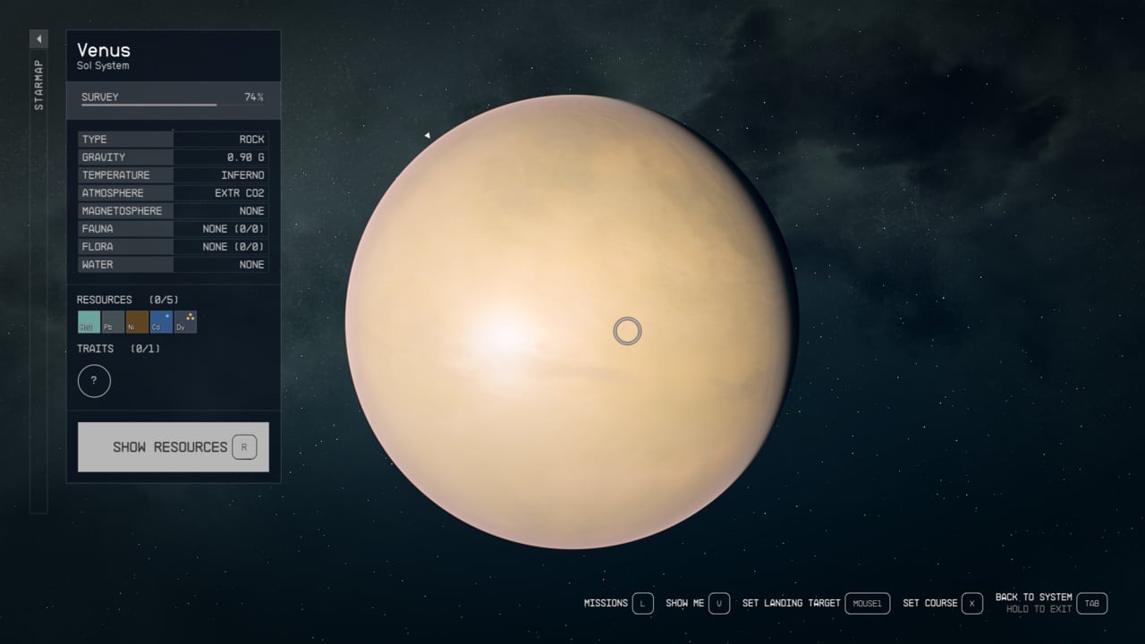 Starfield Sol system: Venus on the star map.