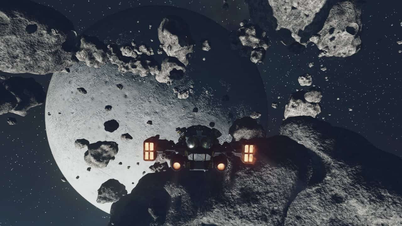 Starfield Volii system: star ship flying in asteroids in Volii system.