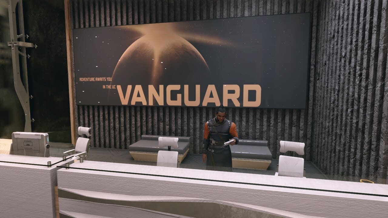 Starfield factions: Vanguard reception desk in the MAST building in New Atlantis.