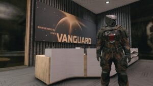 Starfield factions: character in front of Vanguard desk in the MAST building in New Atlantis.