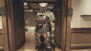 Starfield armor: character showing off armor in The Lodge in New Atlantis.