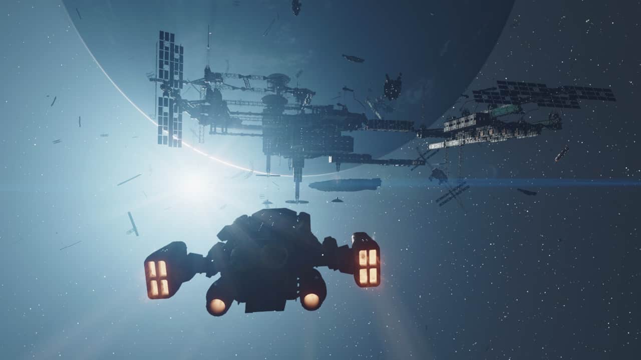 Starfield Crimson Fleet: ship approaching The Key spacestation in the Kryx system.