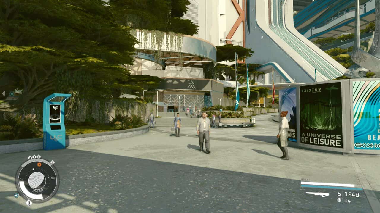 A screenshot showcasing the city location Jemison Mercantile in the video game Starfield.