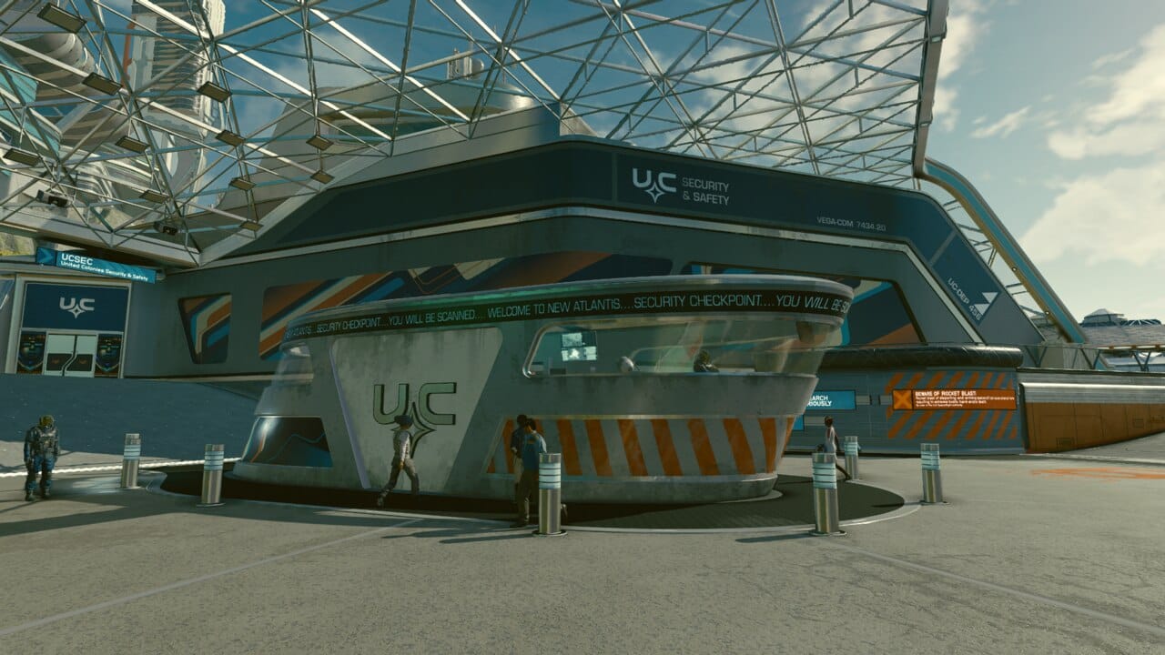 Starfield United Colonies faction: UC security and safety building at the New Atlantis spaceport.