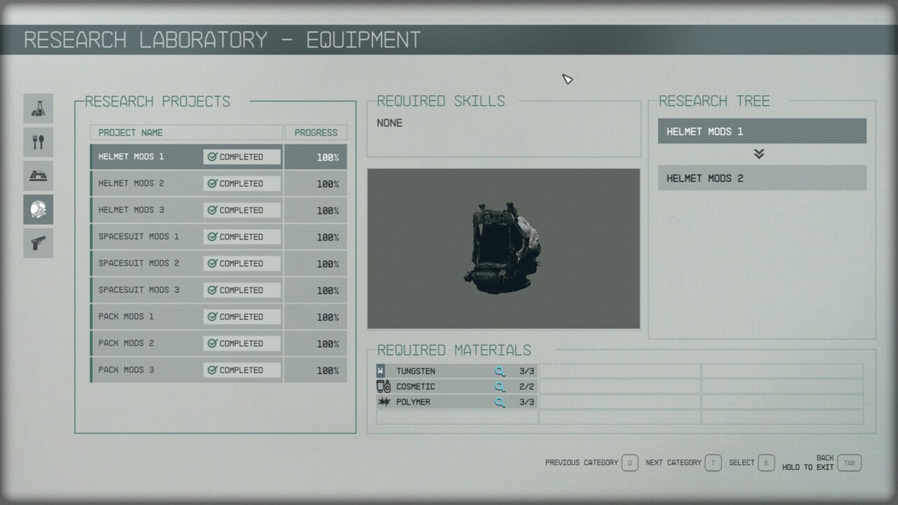 Starfield research laboratory: equipment research projects.