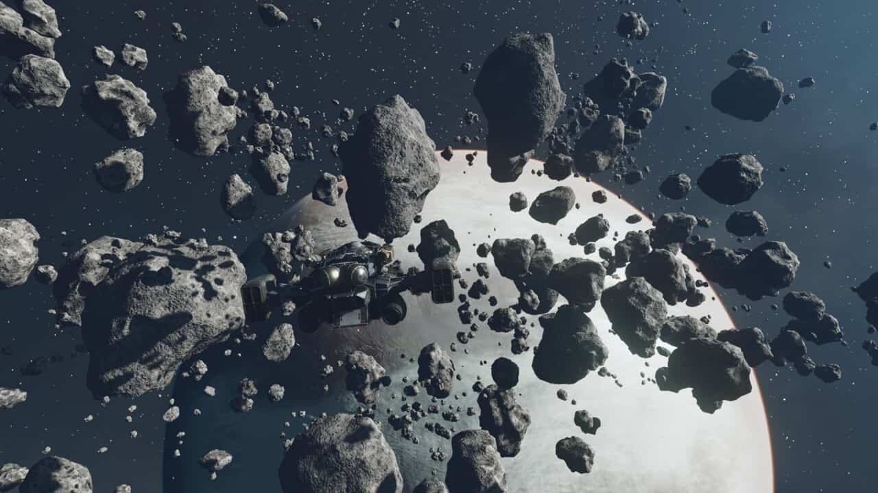Starfield map: ship flying through asteroid field.
