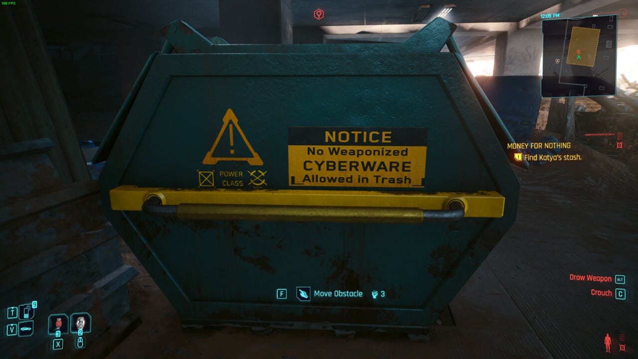 Cyberpunk 2077 Phantom Liberty - Katya's stash location: dumpster move prompt.