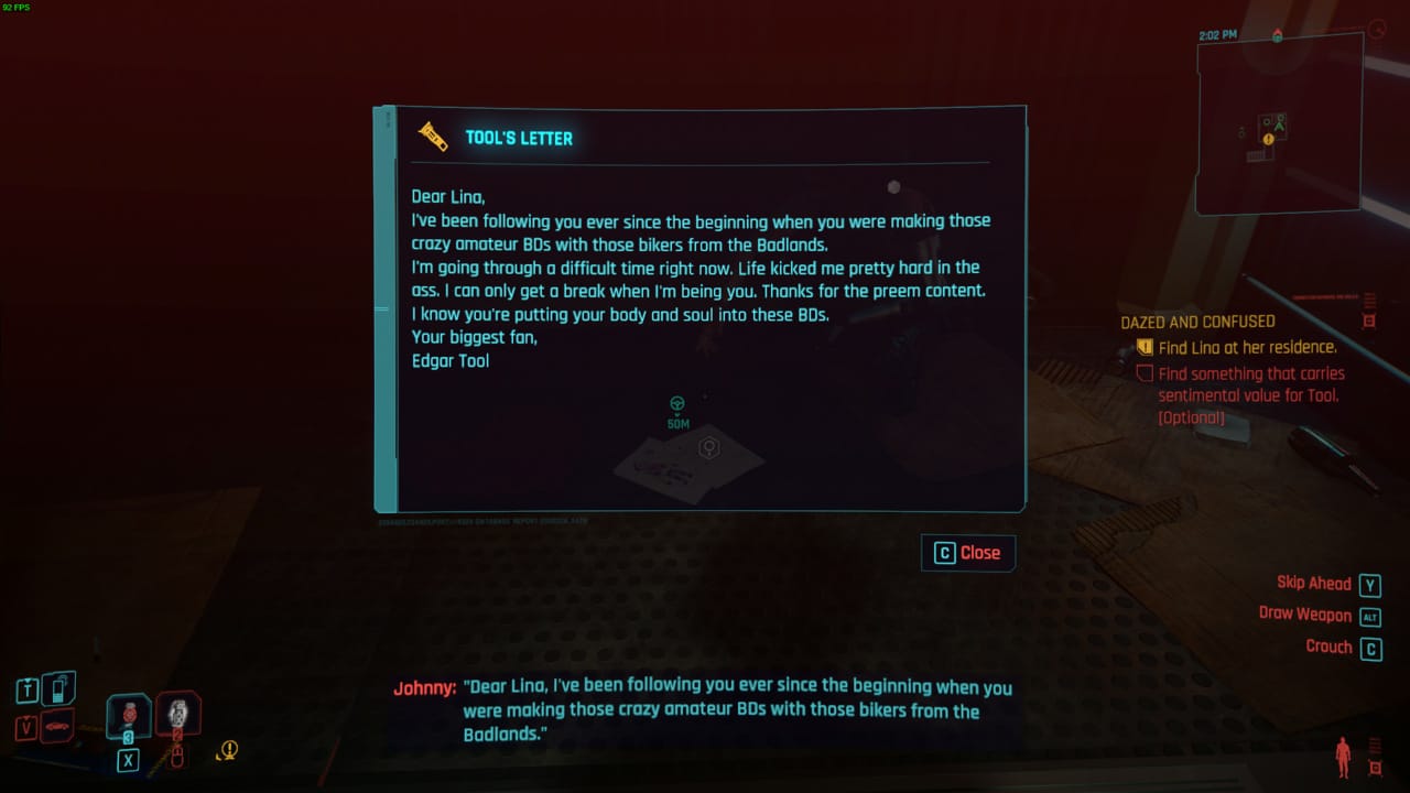 Cyberpunk 2077 Phantom Liberty Dazed and Confused - where to find something with sentimental value for Tool: Tool's letter to Lina.