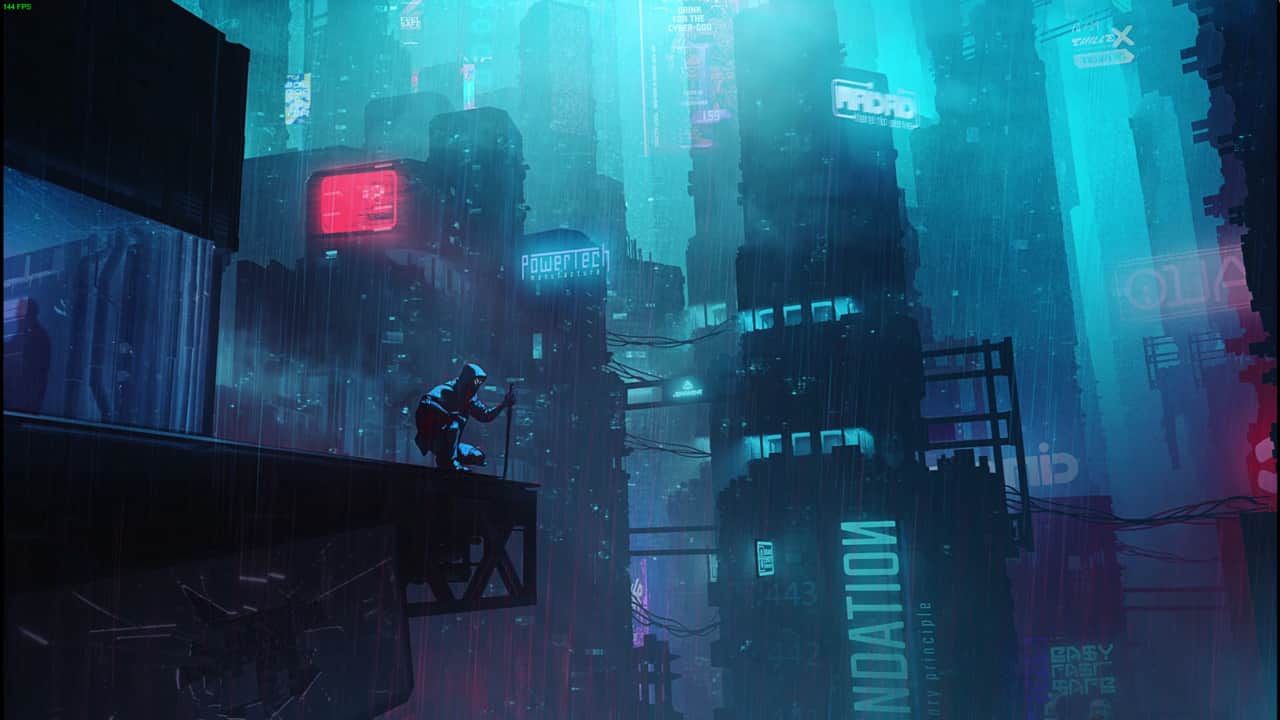 Ghostrunner 2 review: Jack perched near a neon cyberpunk skyline.