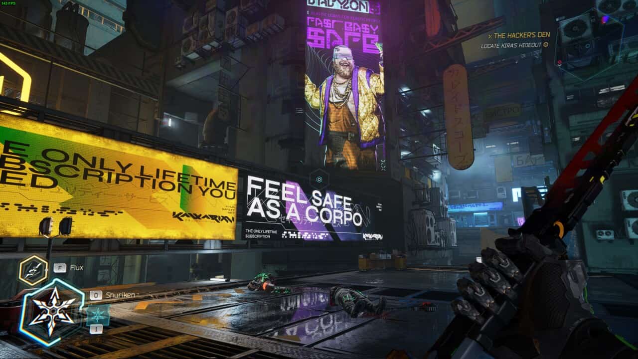 Ghostrunner 2 review: neon cyberpunk street scene.