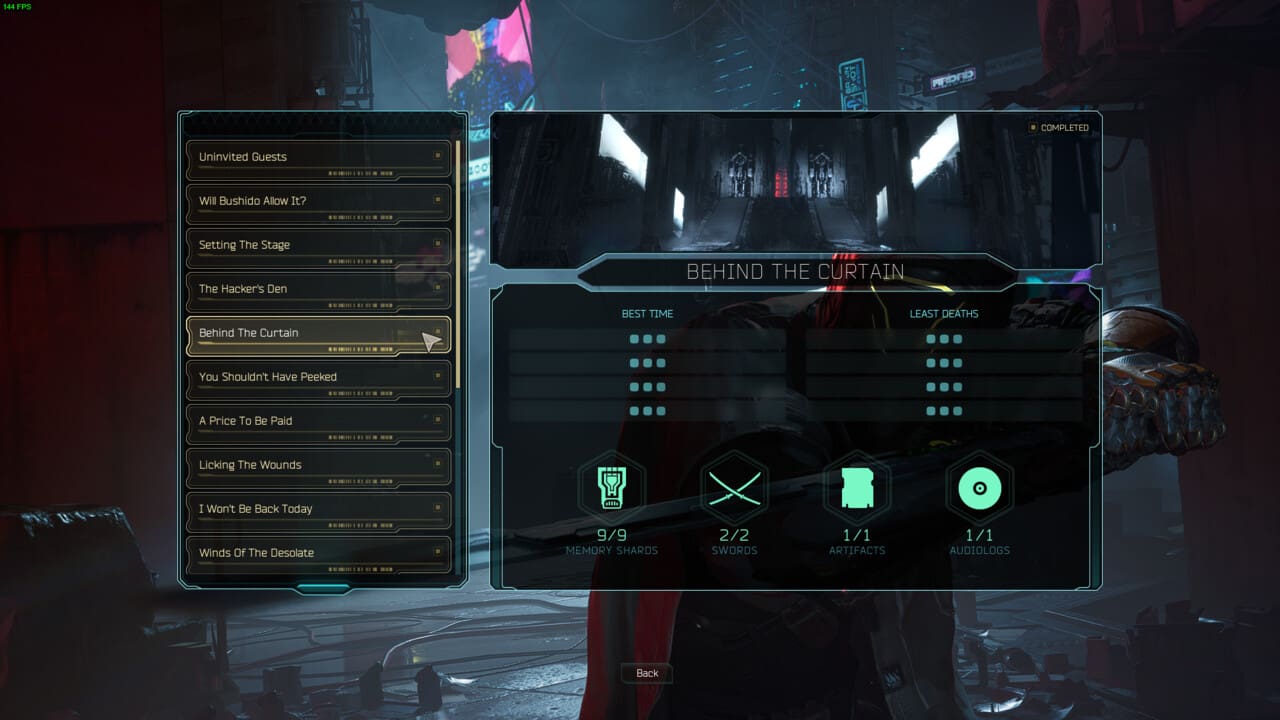 Ghostrunner 2 level list: level select menu.