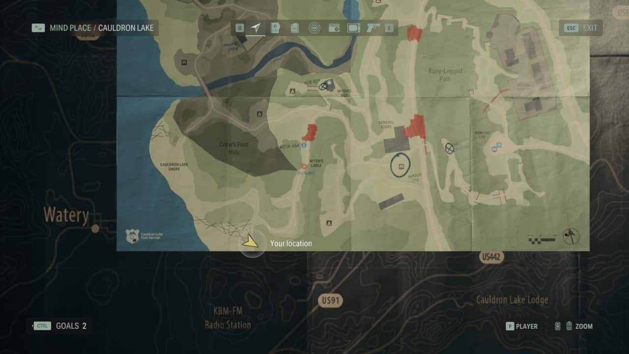 Alan Wake 2 increase inventory: inventory upgrade location on map at Cauldron Lake Shore.