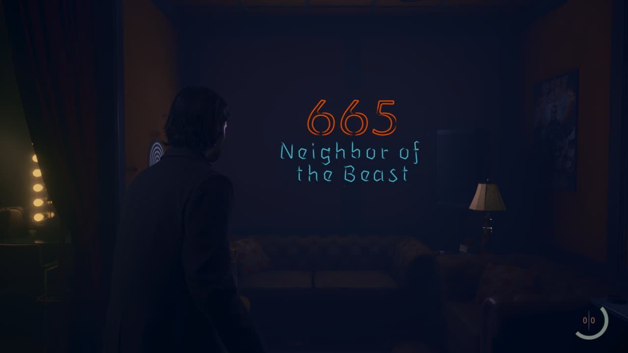 Alan Wake 2 studio door code: neon sign reading 665 neighbor of the beast.