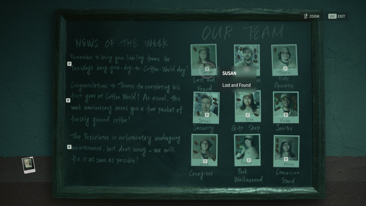Alan Wake 2 Coffee World gift shop safe code solution: staff board in the gift shop.