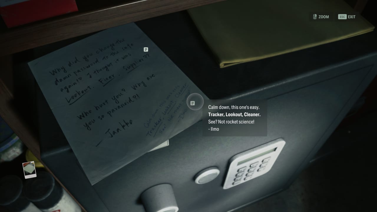 Alan Wake 2 Coffee World gift shop safe code solution: code clue on piece of paper above safe.