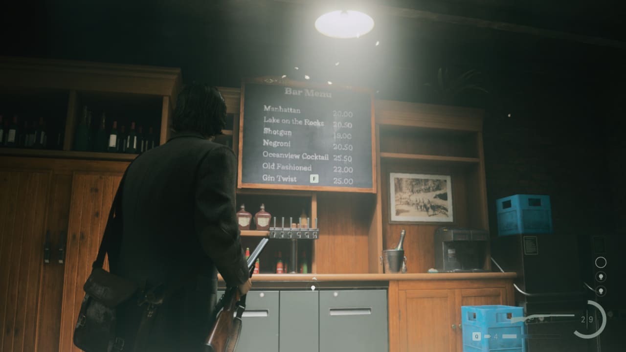 Alan Wake 2 Oceanview Hotel door code solution: Alan Wake standing in front the Oceanview Hotel bar menu.