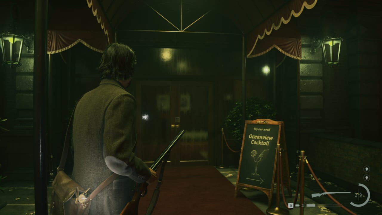 Alan Wake 2 Oceanview Hotel door code solution: Alan Wake in front of Oceanview Hotel entrance.