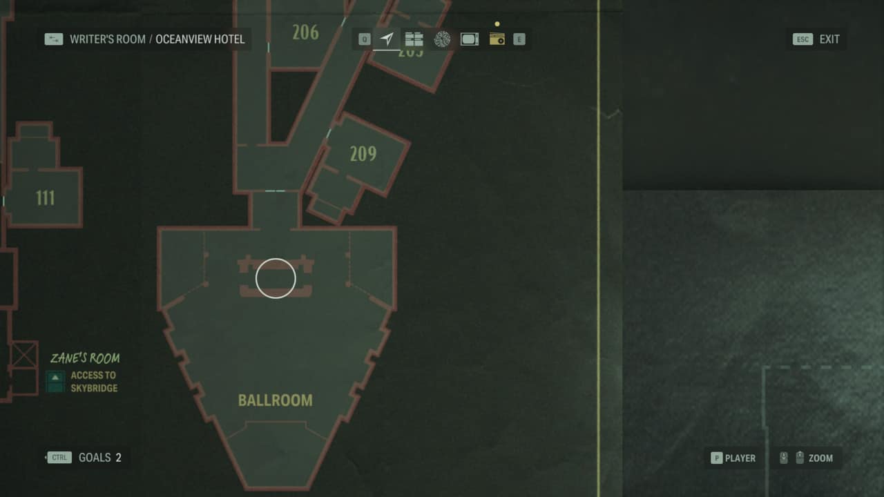 Alan Wake 2 inventory upgrades - how to increase inventory space: Oceanview Hotel Ballroom on map.