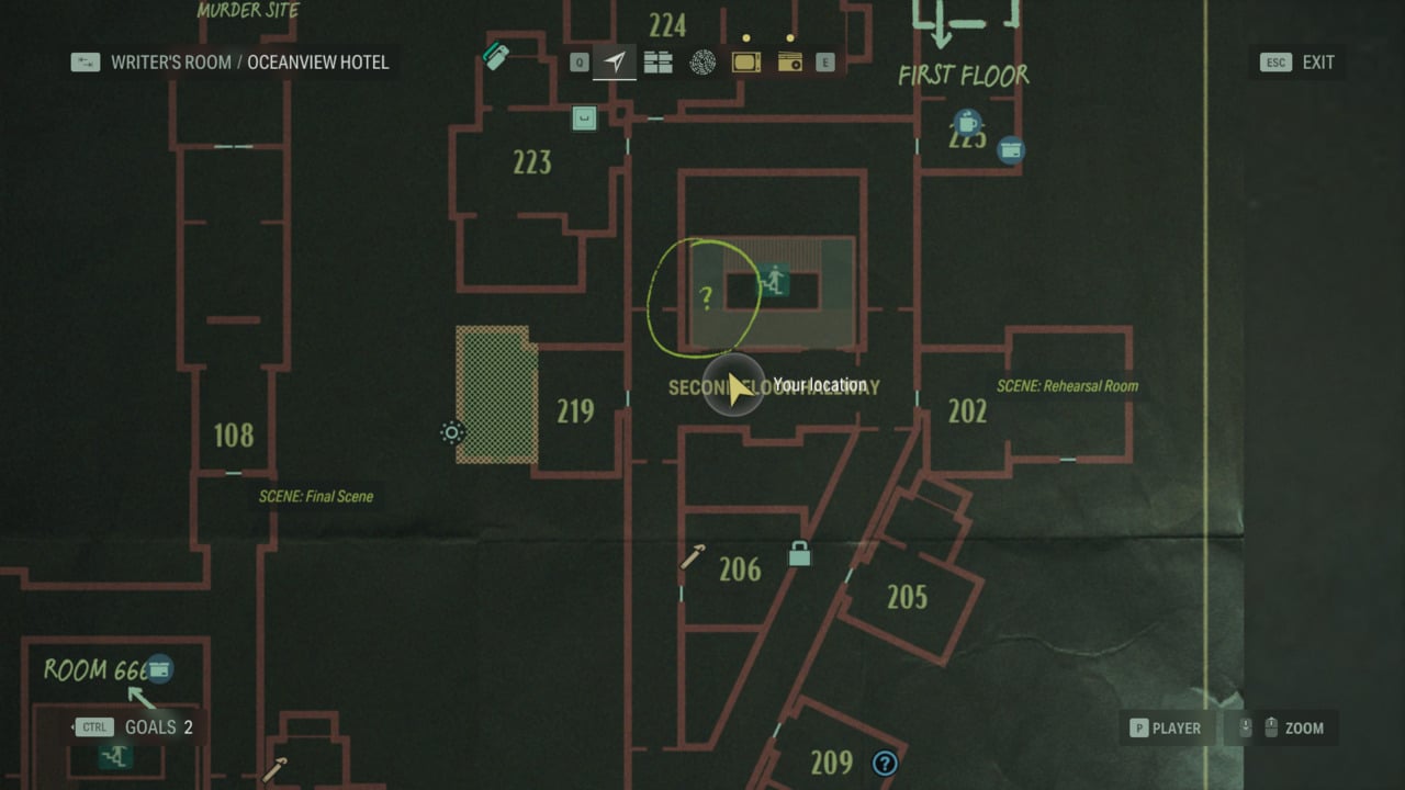 Alan Wake 2 Oceanview Hotel stairwell question mark: question mark location on map in Oceanview Hotel.