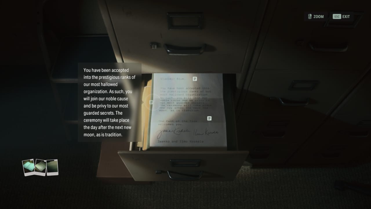 Alan Wake 2 Wellness Center computer password solution: note about Valdimir's initiation into the cult.