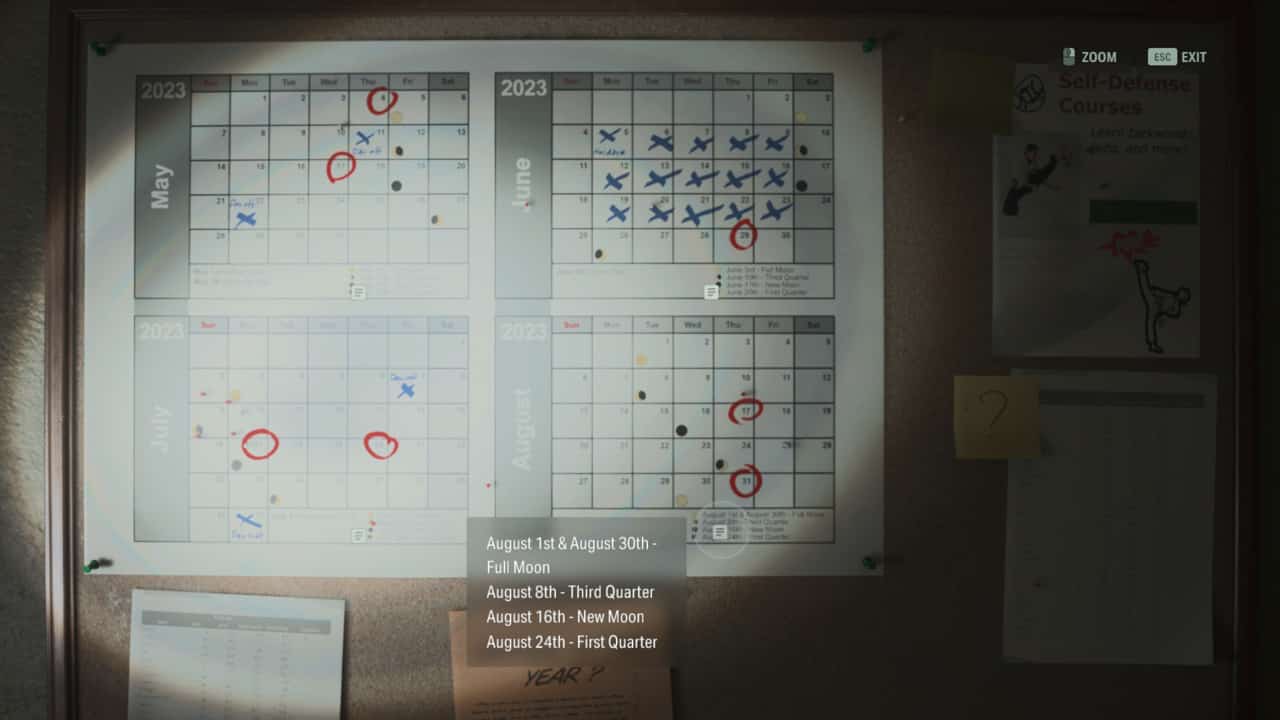 Alan Wake 2 Wellness Center computer password solution: calendar with moon cycles.