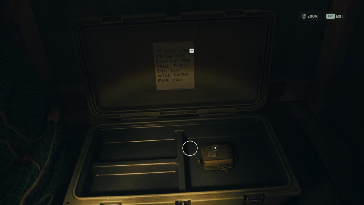 Alan Wake 2 inventory space: inventory upgrade satchel inside open cult stash.