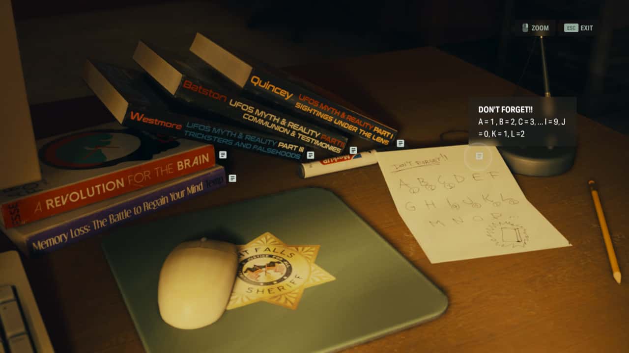Alan Wake 2 Sheriff's Station shotgun code solution: book and note cipher in the Sheriff's Station.