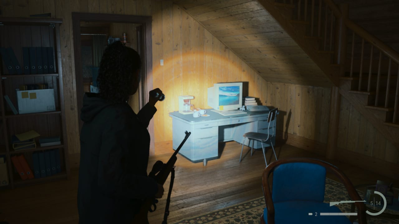 Alan Wake 2 Witchfinder's Station computer password: Saga shinning flashlight on computer in a cabin.