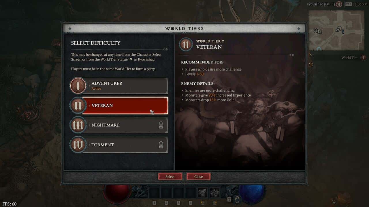 Diablo 4 tips: The World Tier menu.
