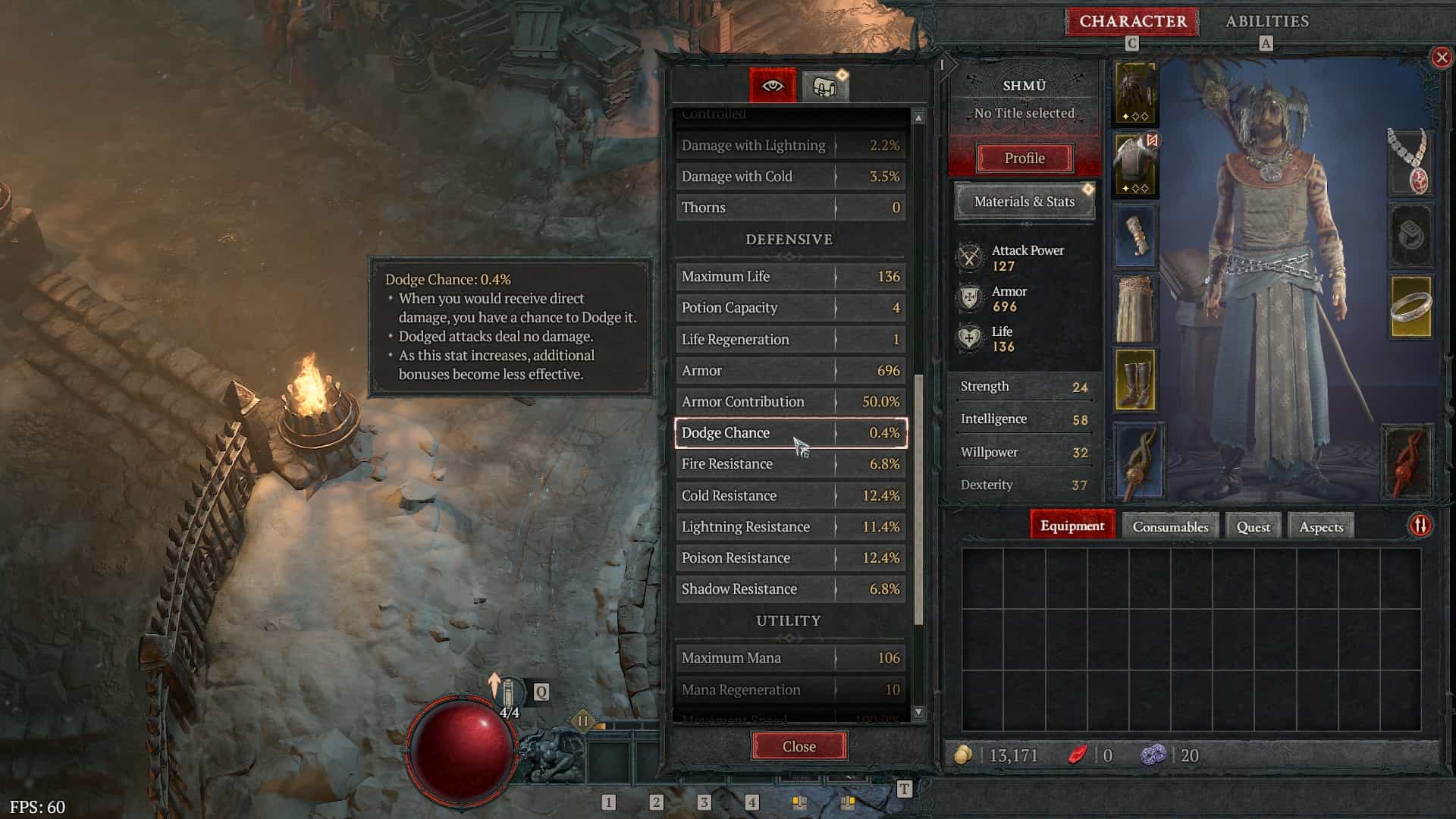 Diablo 4 how to dodge: The stats screen showing the Dodge Chance stat.