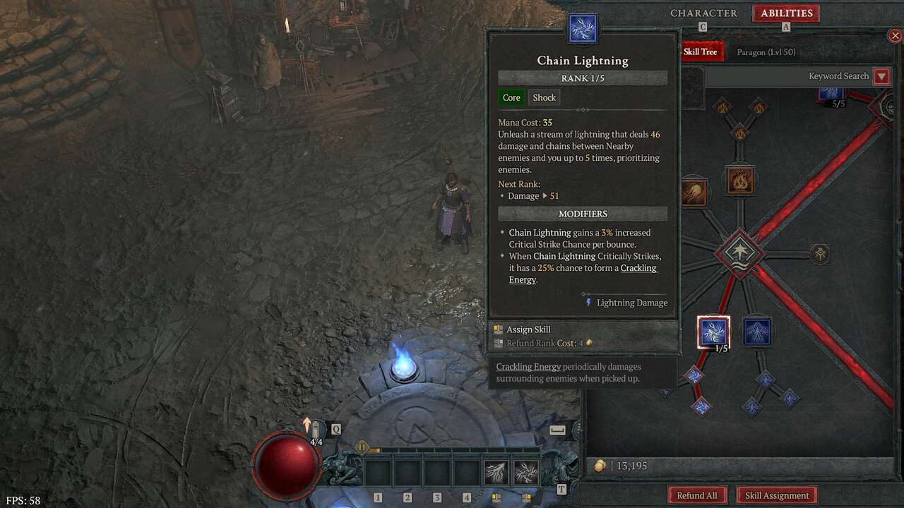 Diablo 4 how to respec: An ability in the Abilities menu showing the respec cost.