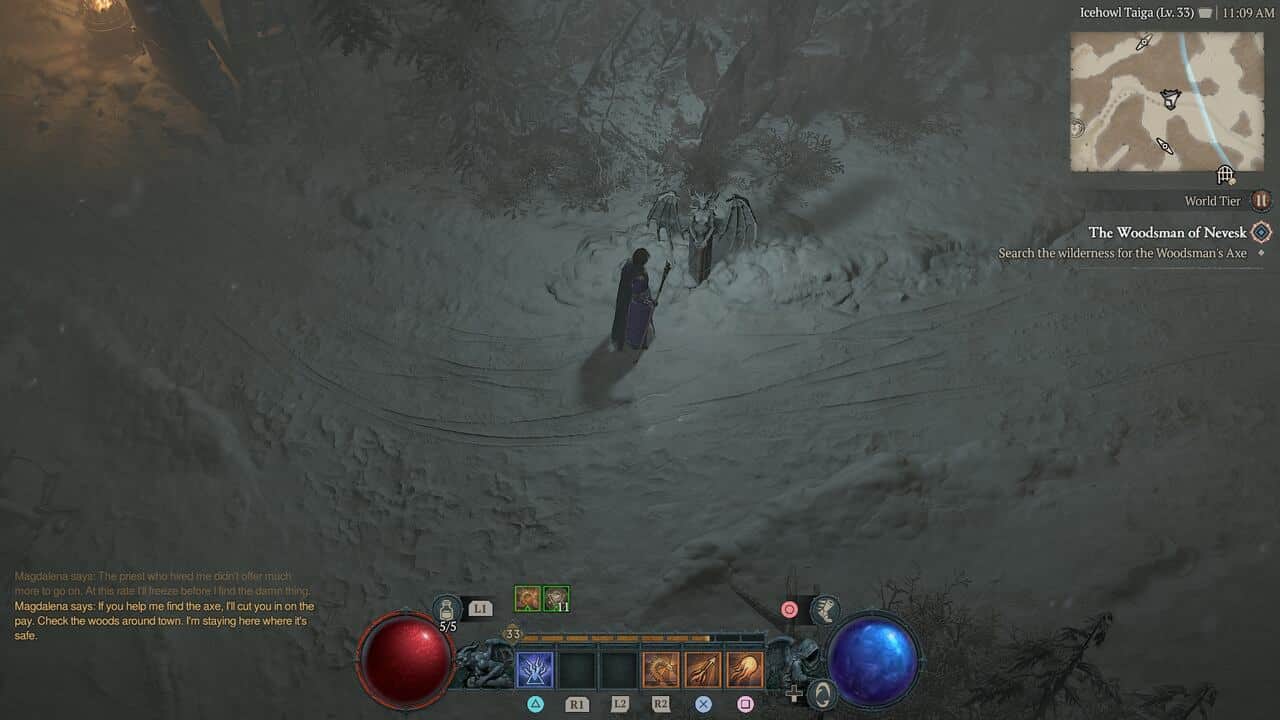 Diablo 4 tips: The player standing in front of a Statue of Lilith on a snowy path.