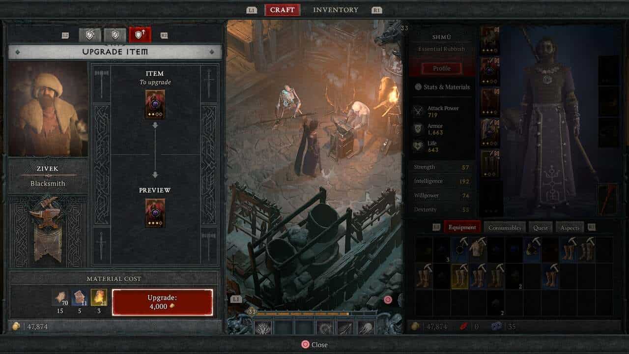 Diablo 4 tips: The blacksmith upgrade menu.