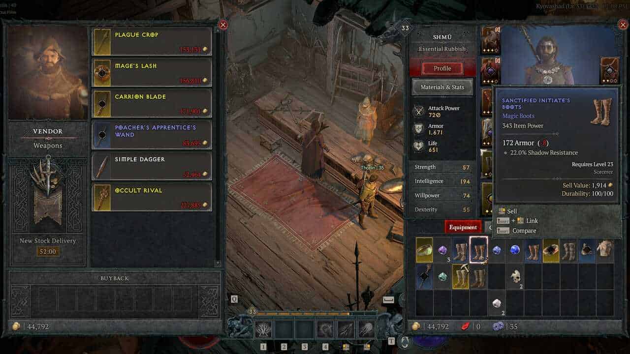 Diablo 4 how to sell items: The shop menu at a Weapon Vendor.